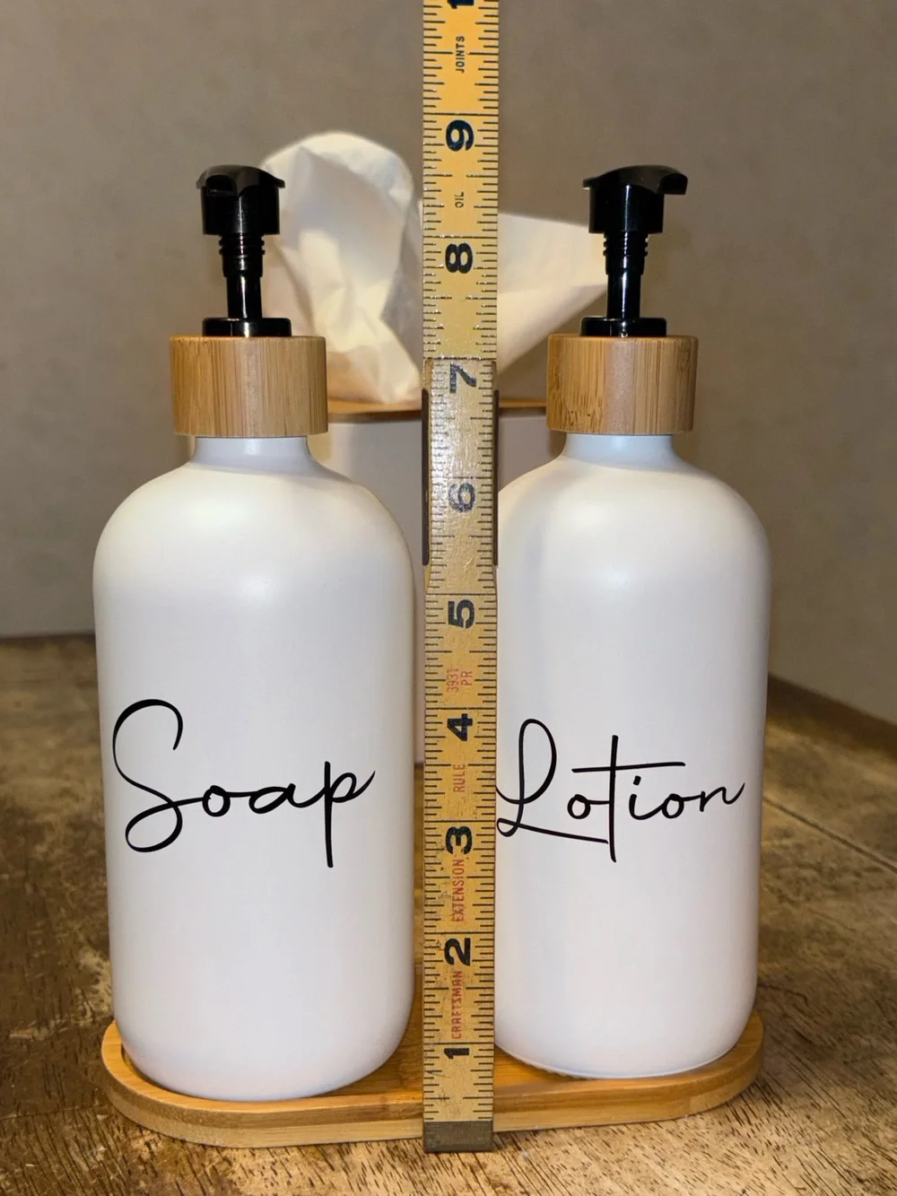 Modern Bamboo Bathroom Set Soap Lotion Dispensers Tissue Box White 3 Pc